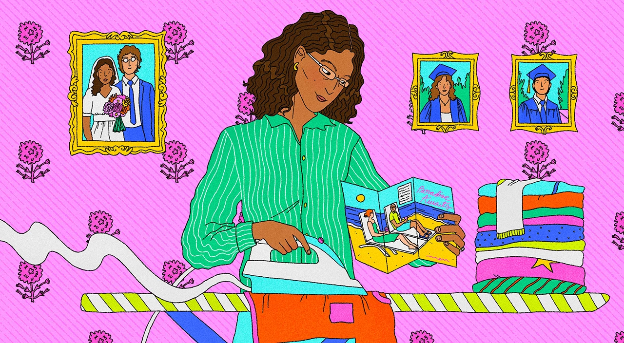 illustration of woman ironing as she reads travel brochure, empty nesting