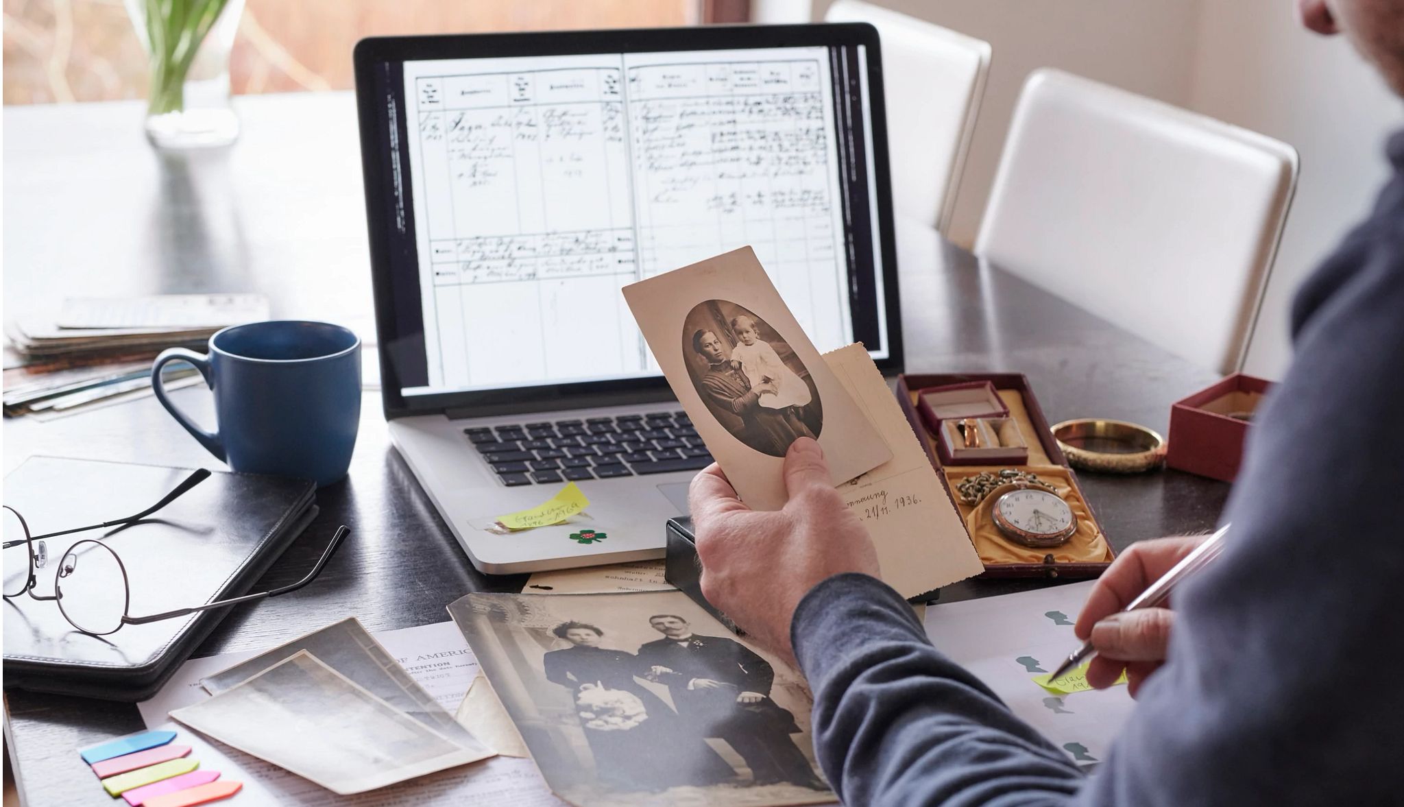 Man researching family members online Man researching family members online