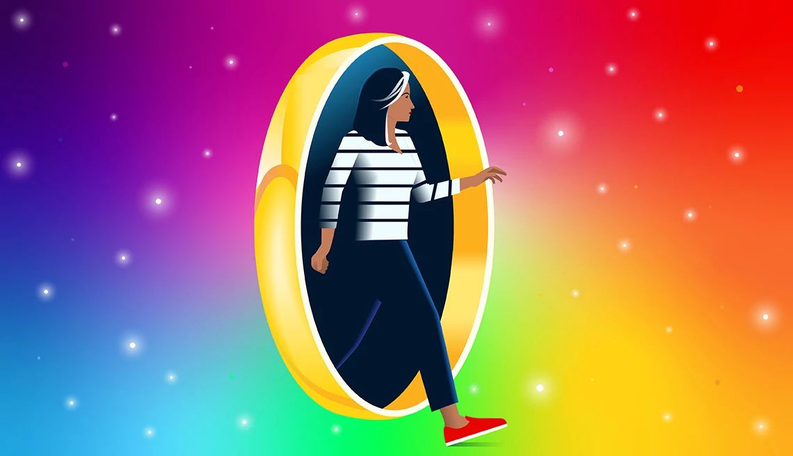 Marriage or Self-Discovery? a colorful illustration shows a woman an older adult walking out of a giant wedding ring