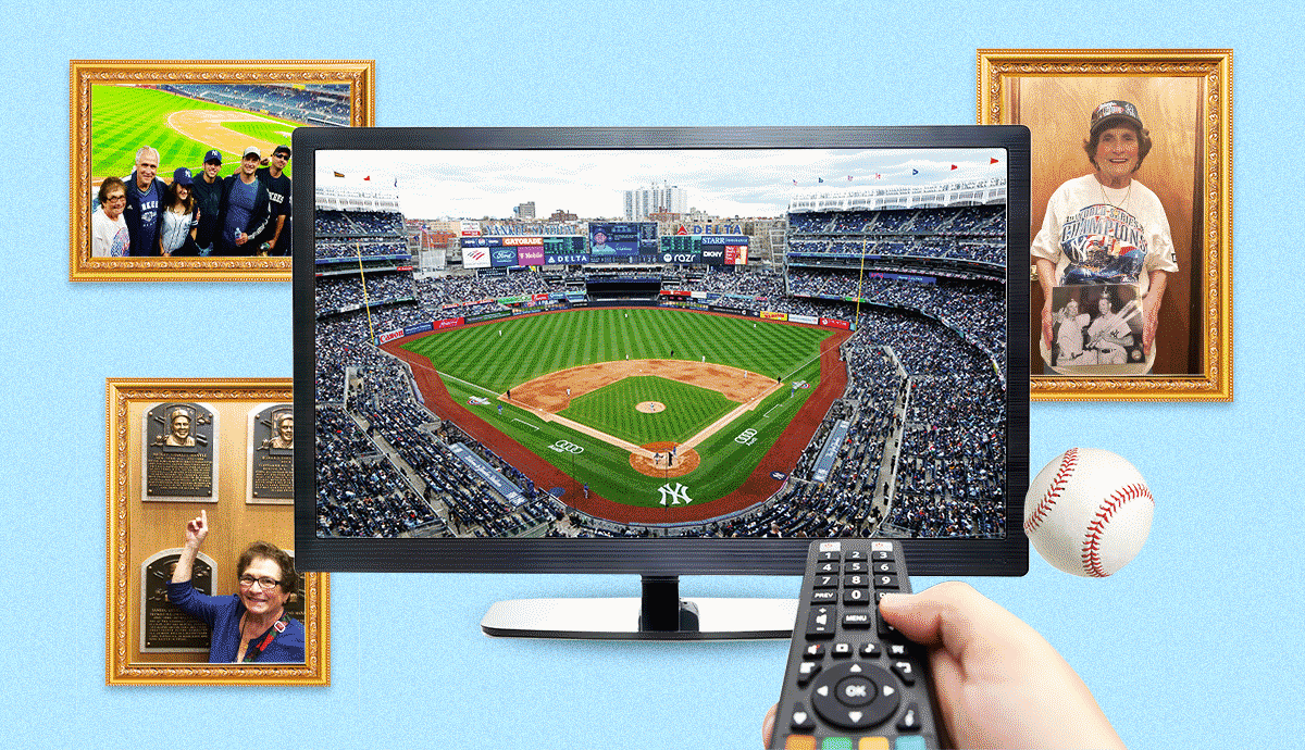 a graphic illustration combines photos of three framed photos of the writer’s family on a blue wall with an image of a hand trying to change channels on a flat screen TV
