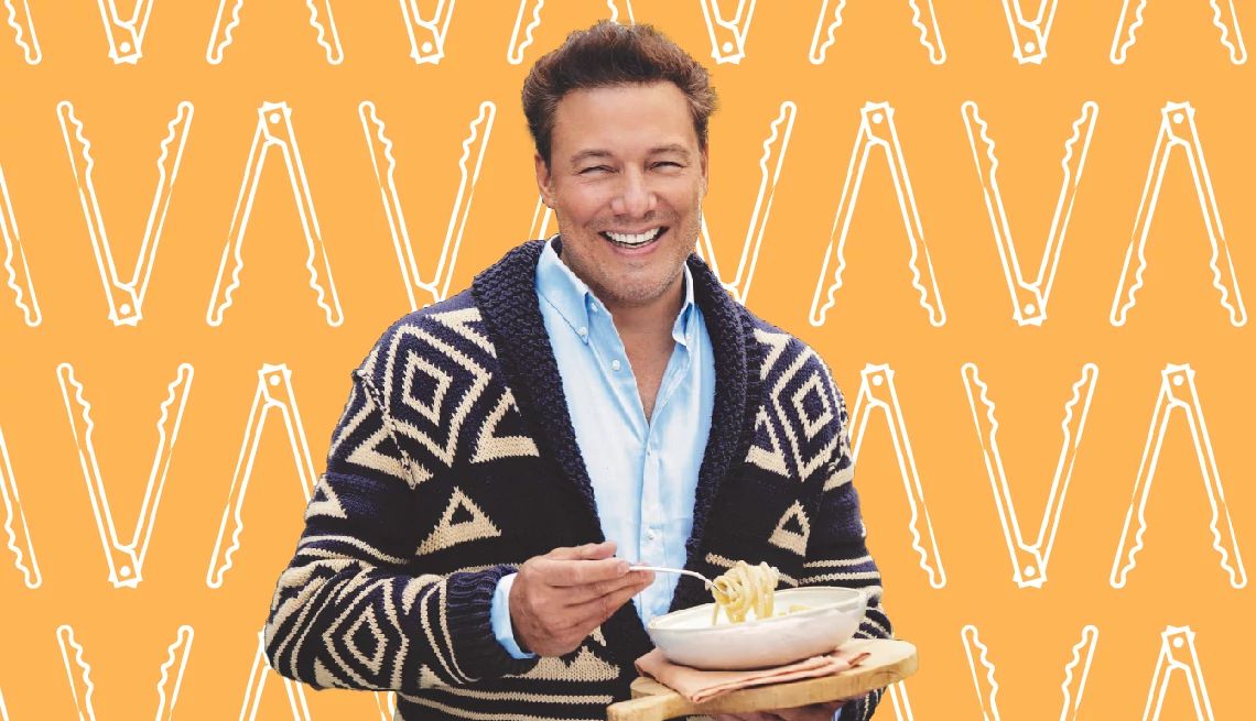 Rocco DiSpirito's new cookbook features fast and easy recipes Rocco DiSpirito against orange background with outlines of tongs on it