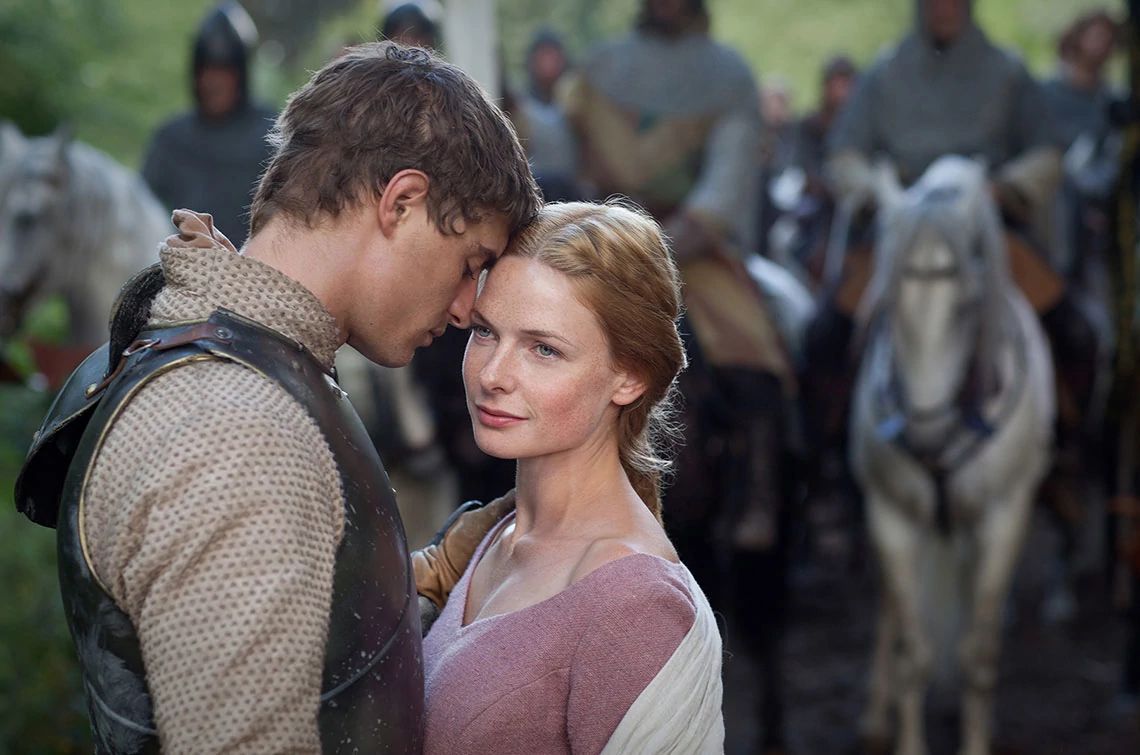 Max Irons with his head touching Rebecca Ferguson's head in a scene from The White Queen