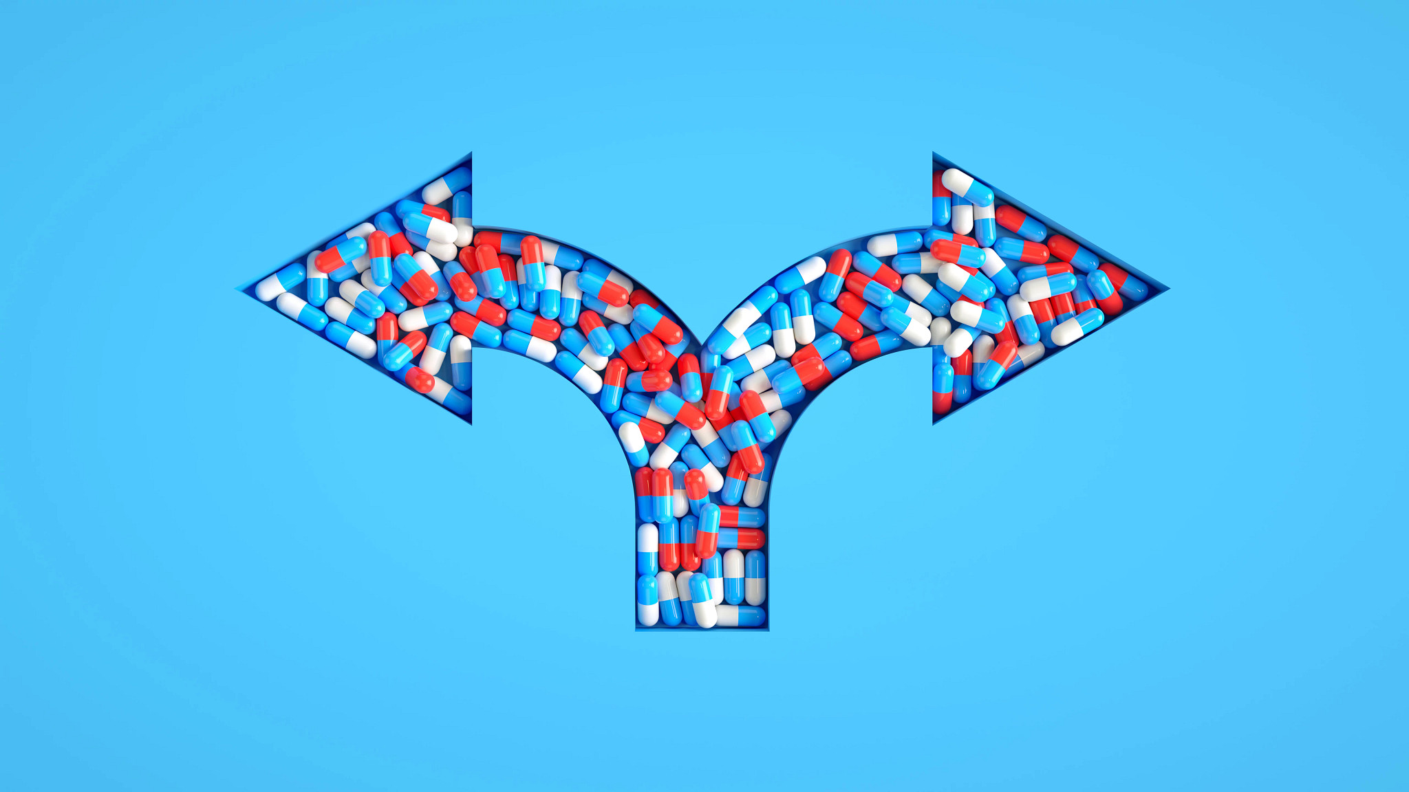 blue background featuring a stylized two-way arrow cutout filled with numerous red, white, and blue medicinal capsules. The arrows split to the left and right, symbolizing choice and direction in healthcare and prescription drug options
