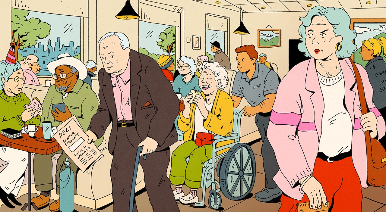 illustration of woman surrounded by seniors