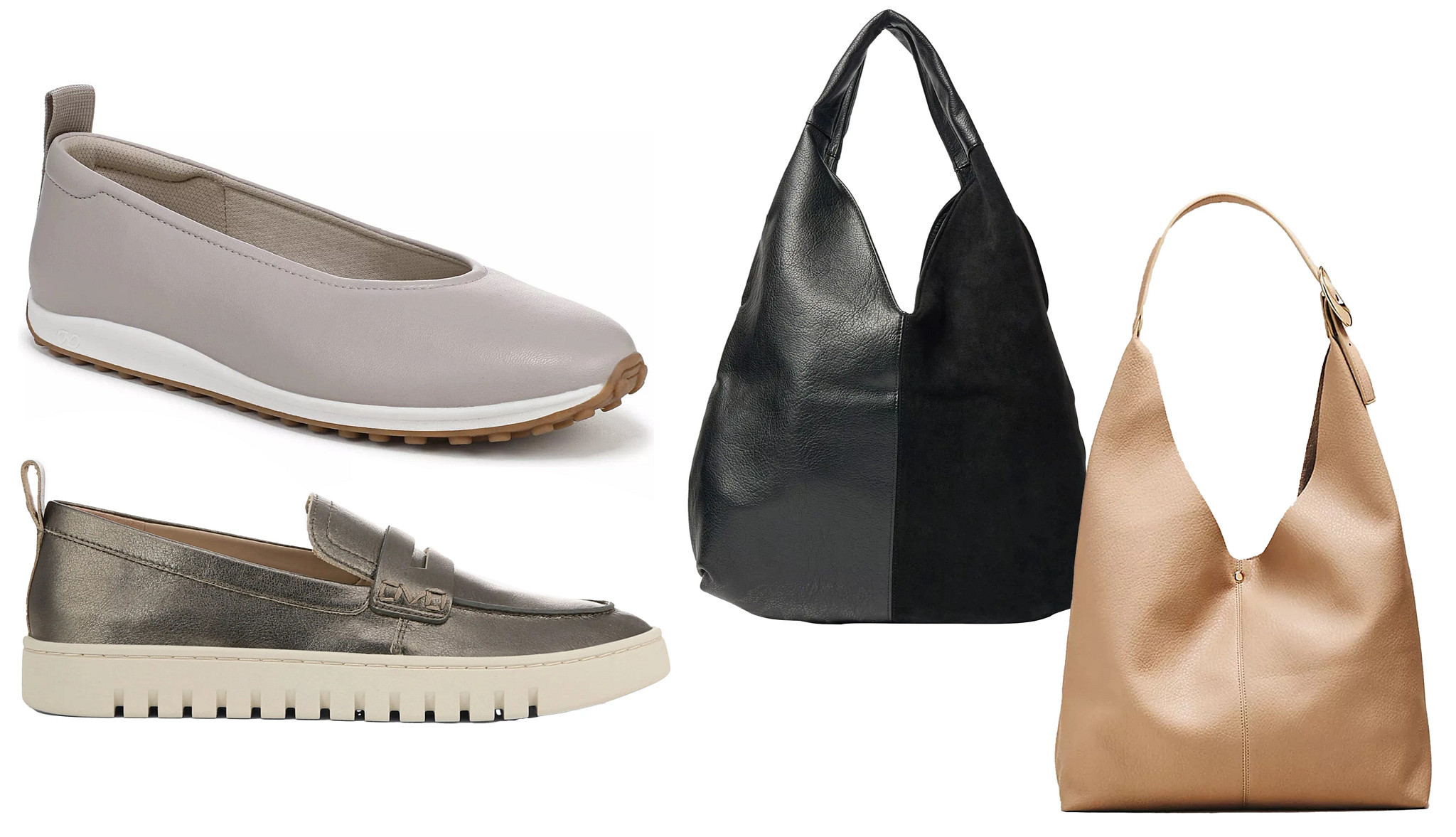 a collage with two different styles of slip on shoes and two different handbags