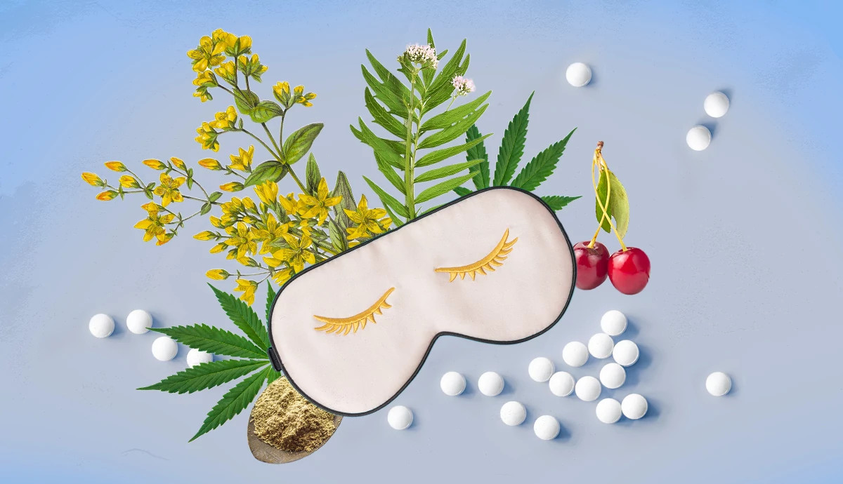 light blue background features a sleep mask with gold eyelashes surrounded by various natural sleep aids, including St. John’s wort, valerian root, cannabis leaves, tart cherries, a spoonful of kava powder, and several white supplement pills