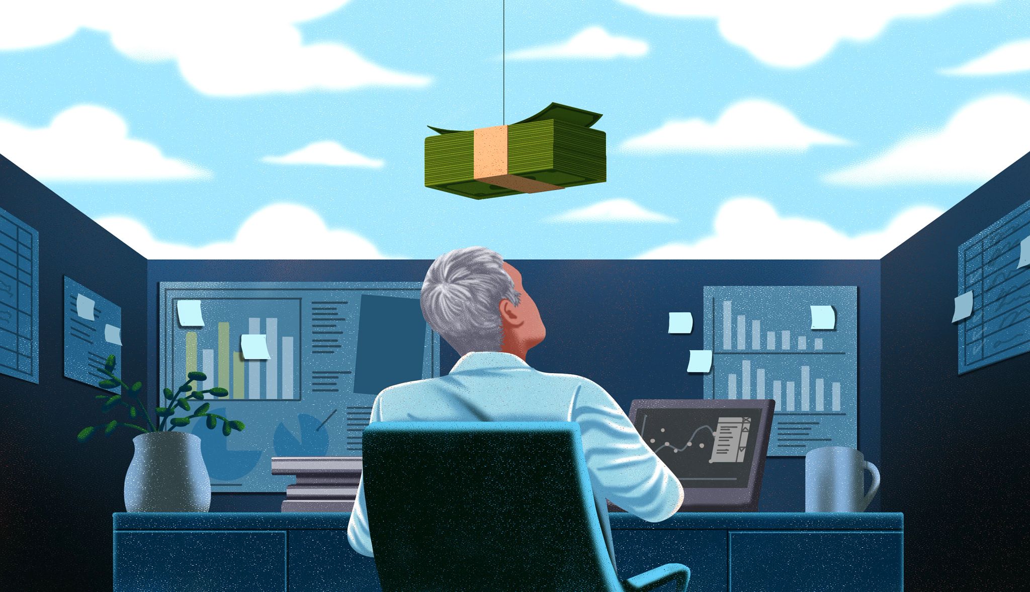 Job Buyout a person sitting at work with money dangling above their head