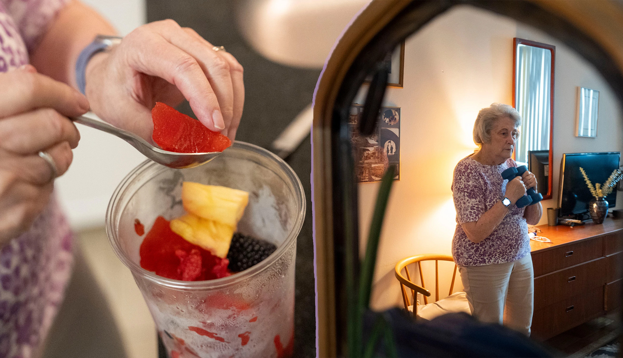 Mary Hammer making a fruit smoothie (left) and lifting weights (right)
