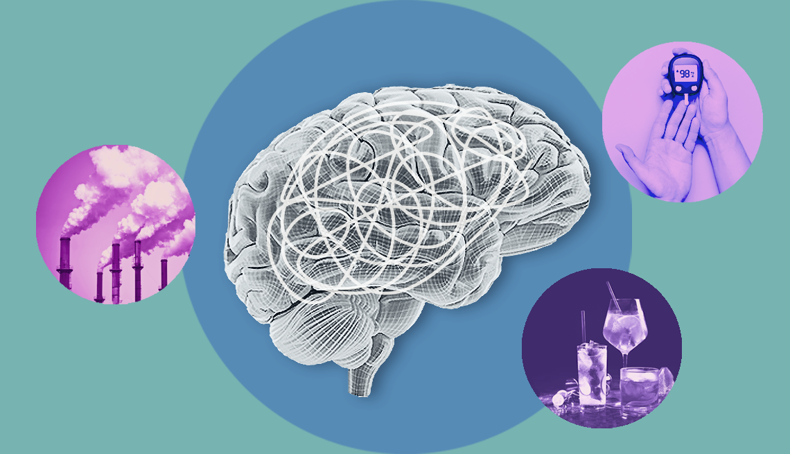 Top Dementia Lifestyle Factors Collage a collage of a brain surrounded by a glucose monitor, smoke stacks and bottles of alcohol