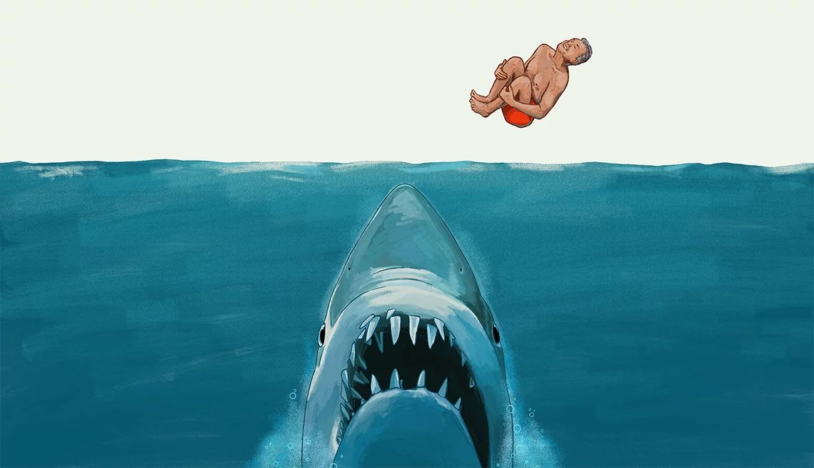 Life Lessons I Learned From ‘Jaws’ a person happily doing a cannonball into the ocean as a giant shark approaches from below