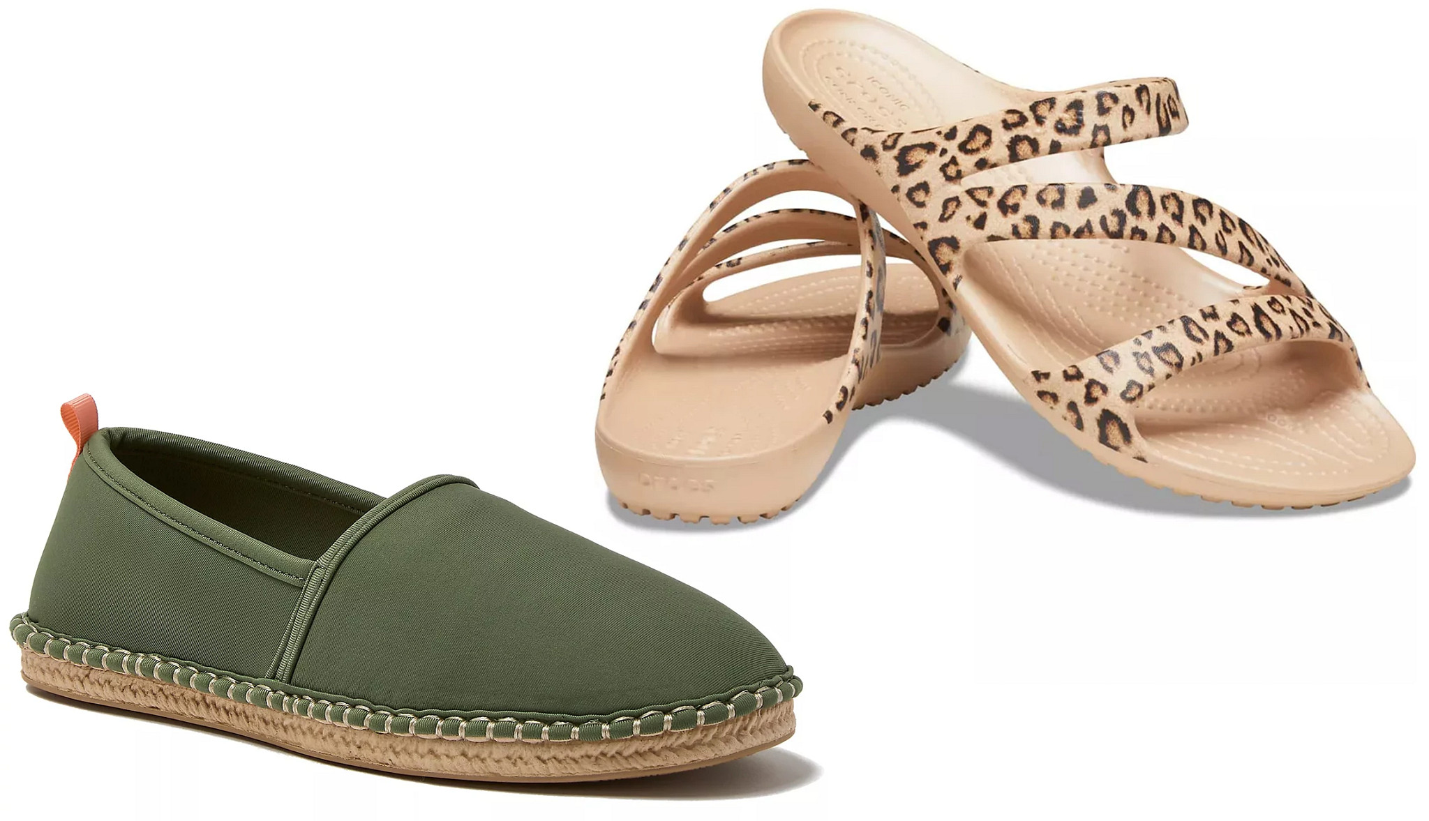 a collage with a green water shoe and a pair of leopard print sandals