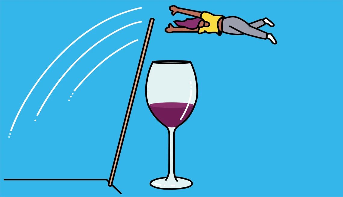 How to Get a Flatter Stomach illustration of a woman pole vaulting over a wine glass