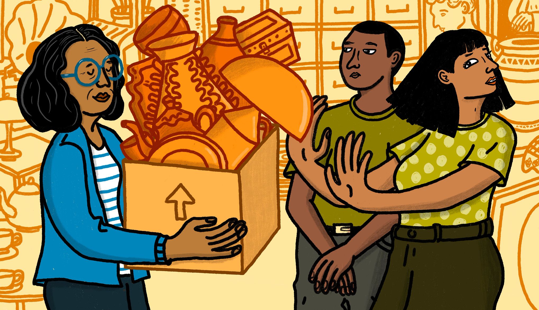 Sell Collectibles Your Children Don't Want A parent carries a box of collectibles; her adult children signal they don’t want them