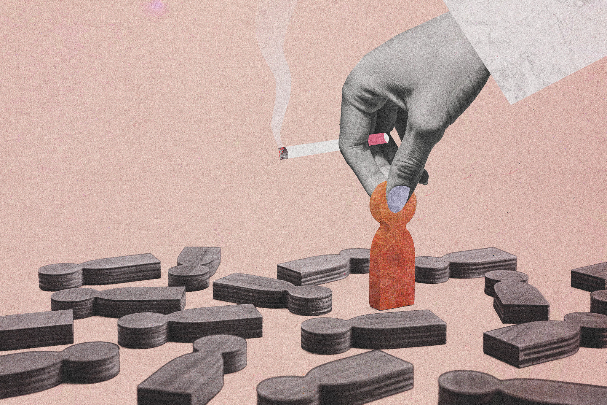 An illustration of a hand with a cigarette holding up a wooden piece representing a person.
