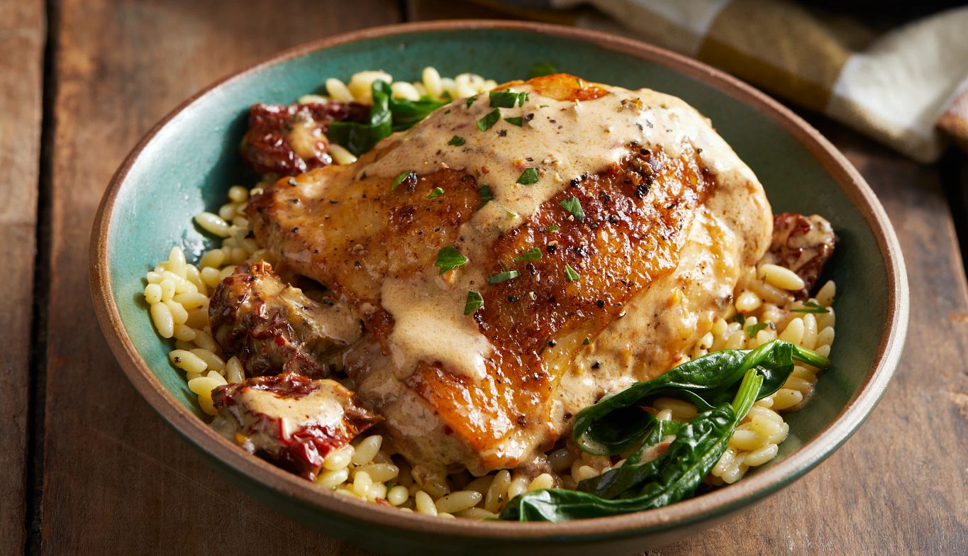 Bradshaw Family Cookbook a photo shows a plate with creamy sun-dried tomato chicken with orzo from the bradshaw family cookbook