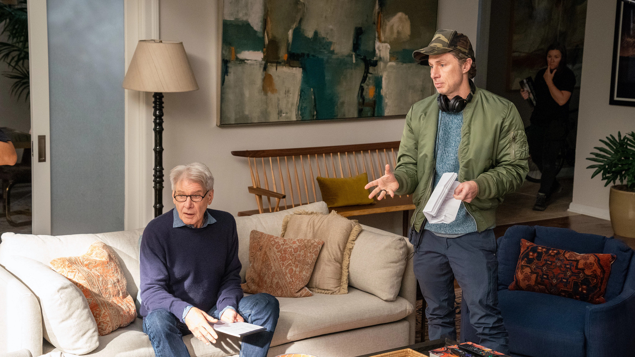harrison ford and zach braff working on set during the filming of shrinking