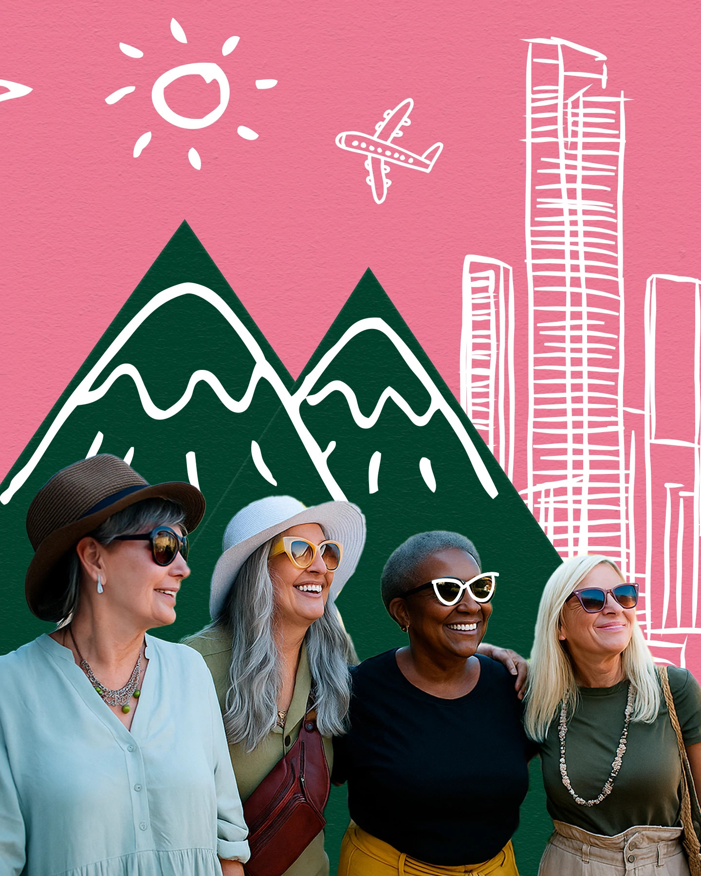 Four women standing together outdoors, dressed in casual travel attire with hats and handbags. The background features illustrated mountains, a city skyline, an airplane, and a sun, symbolizing travel and adventure.