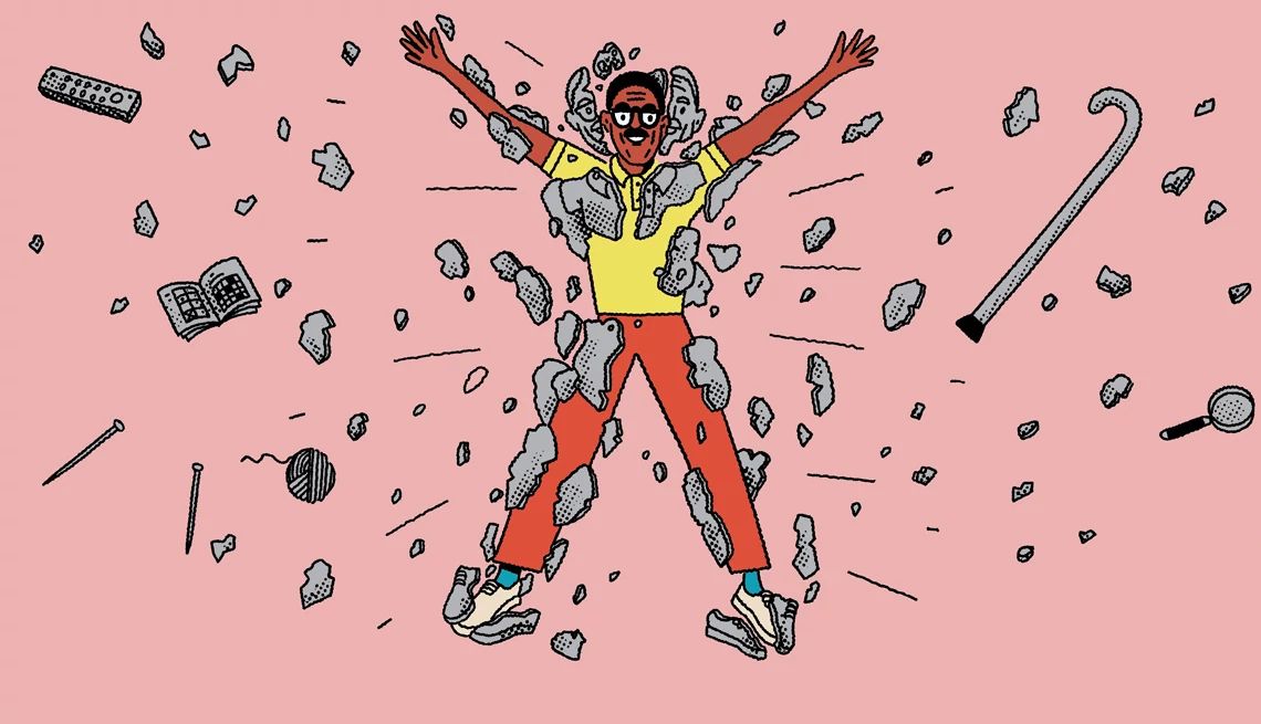 aging myths illustration of a person surrounded by scattered debris
