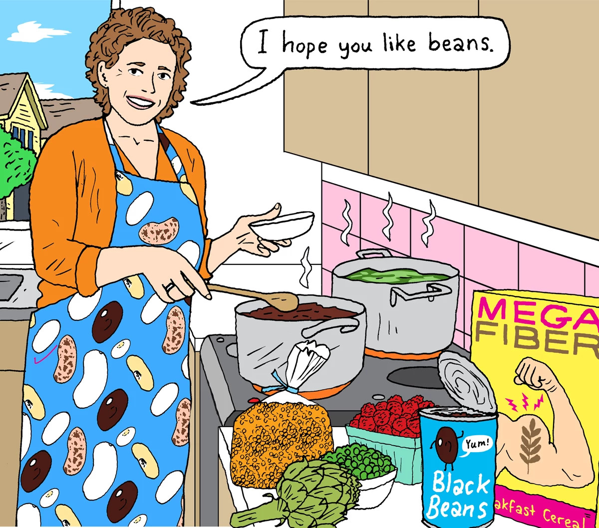 Cartoon illustration of a woman cooking a high-fiber meal featuring various beans and vegetables
