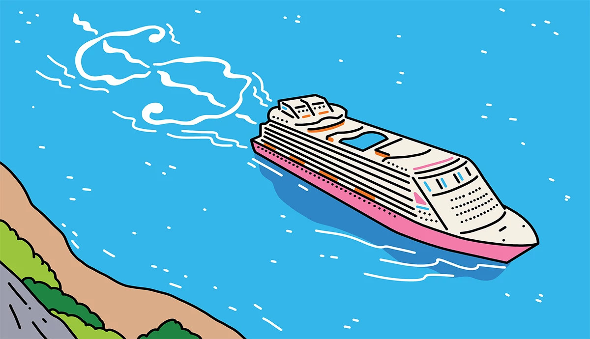 an illustration of a cruise ship traveling down a body of water