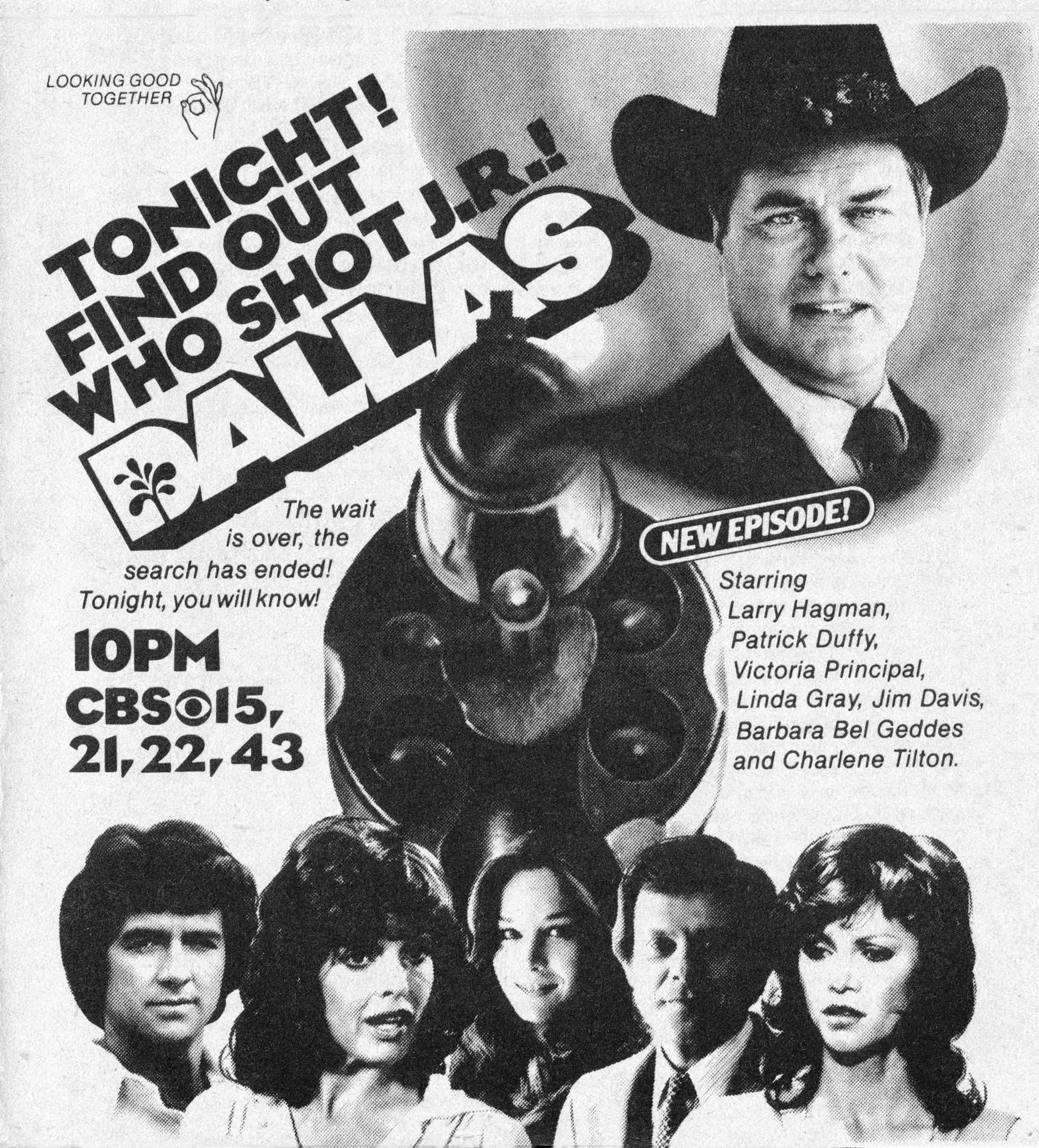 a vintage advertisement for a sweeps episode of dallas in which viewers are encouraged to tune in to find out who shot j r