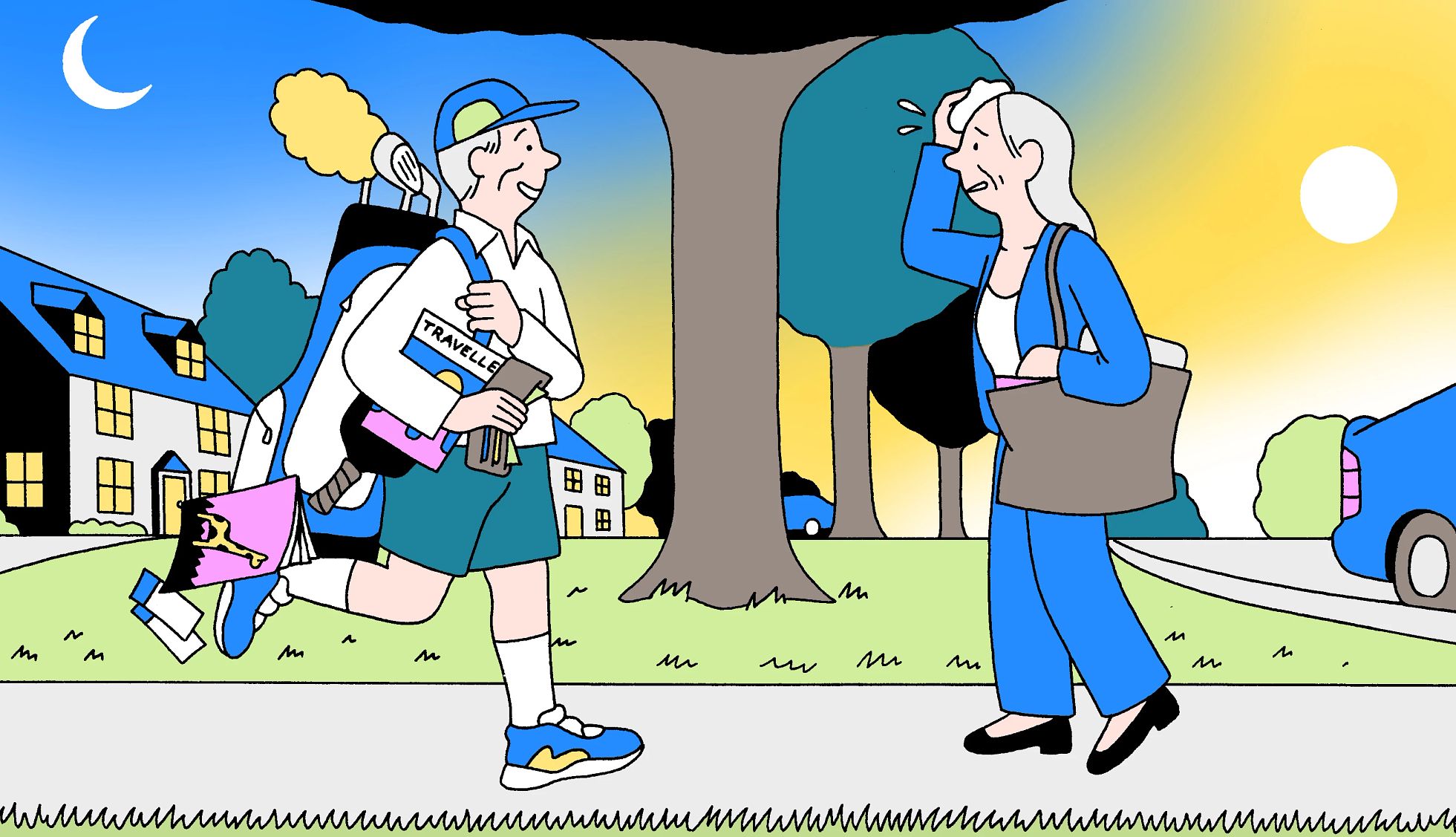 How to Navigate a Split Retirement a woman coming home from work while a man is going golfing