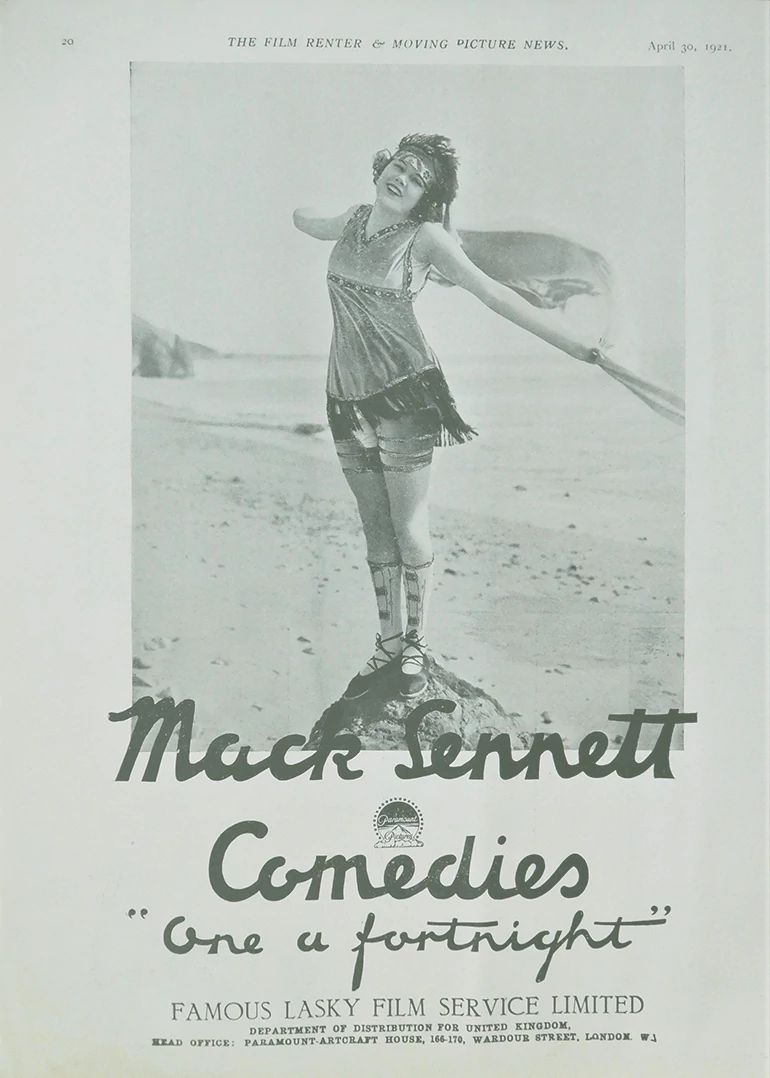 Mack Sennett Comedies One a Fortnight A woman with her arms spread wide in a British trade ad from 1921 for One a Fortnight