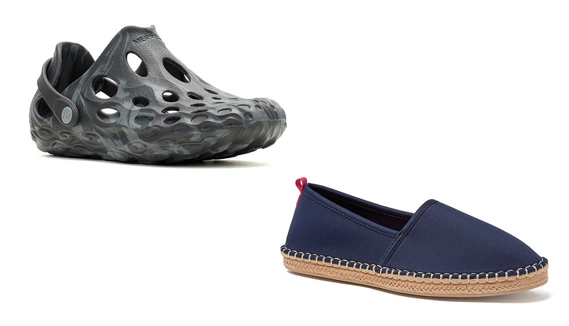 Merrell Women’s Hydro Moc in Black; Lands’ End Women’s Espadrille Beach and Water Shoes in Navy