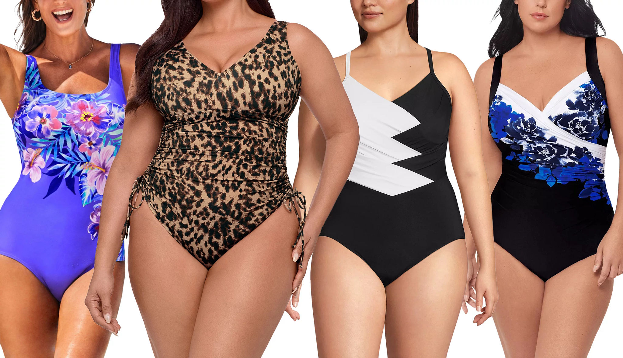 four models wearing different styles of one piece bathing suits