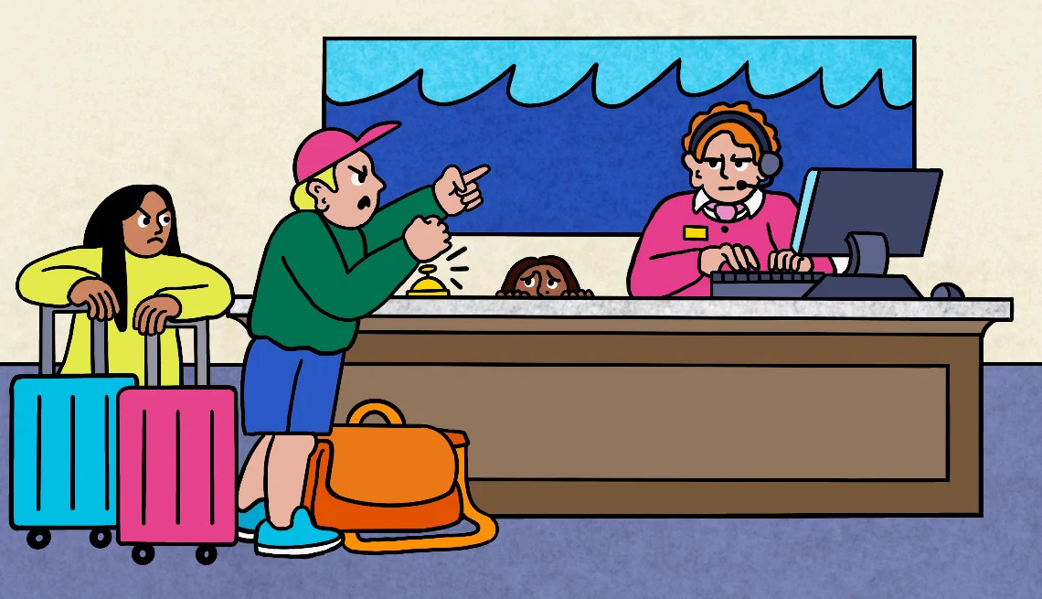 an illustration of an angry passenger at an airline counter