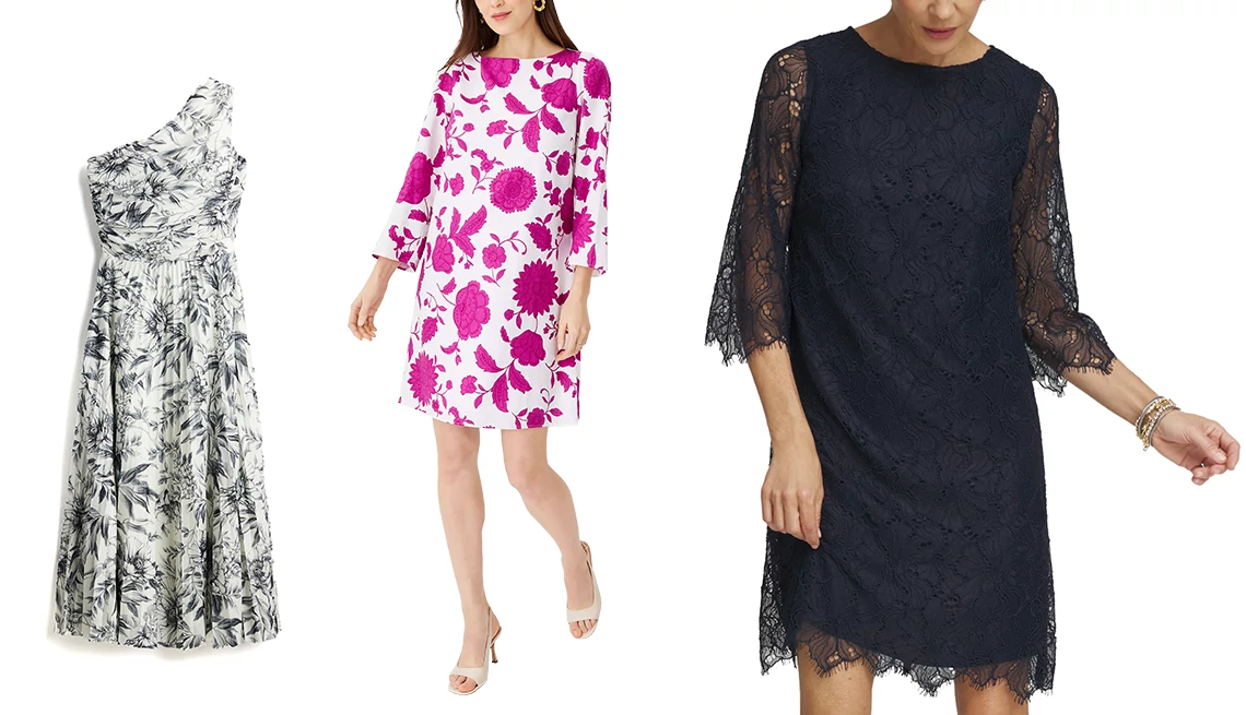 three women wearing different dresses