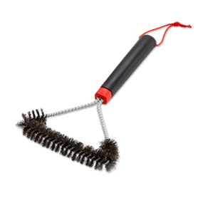 close-up product shot of a triangular Weber grill brush featuring stiff metal wire bristles, a long silver neck, and a black plastic handle with a distinctive red ring