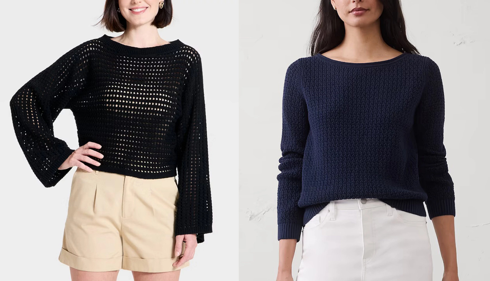 a collage with two models wearing open crochet cotton sweaters