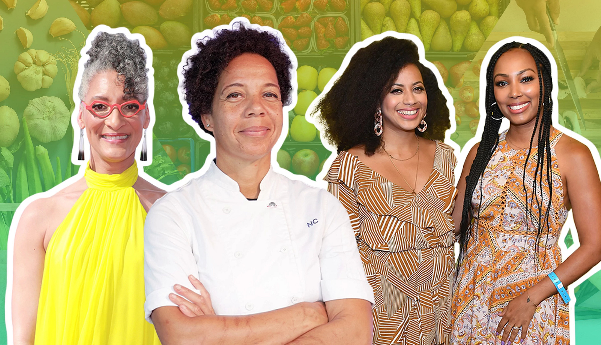 Photo collage featuring four adults associated with food, culinary leadership and media