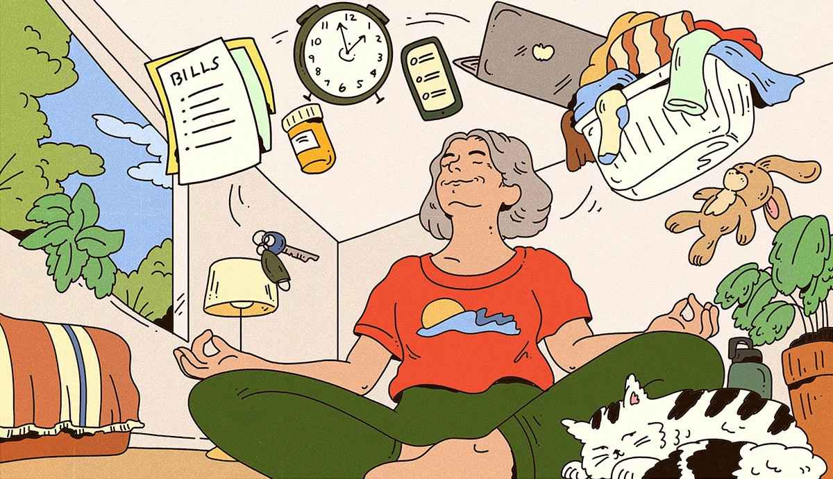 An older adult sitting cross-legged in a meditation and yoga pose at home while everyday responsibilities float overhead.