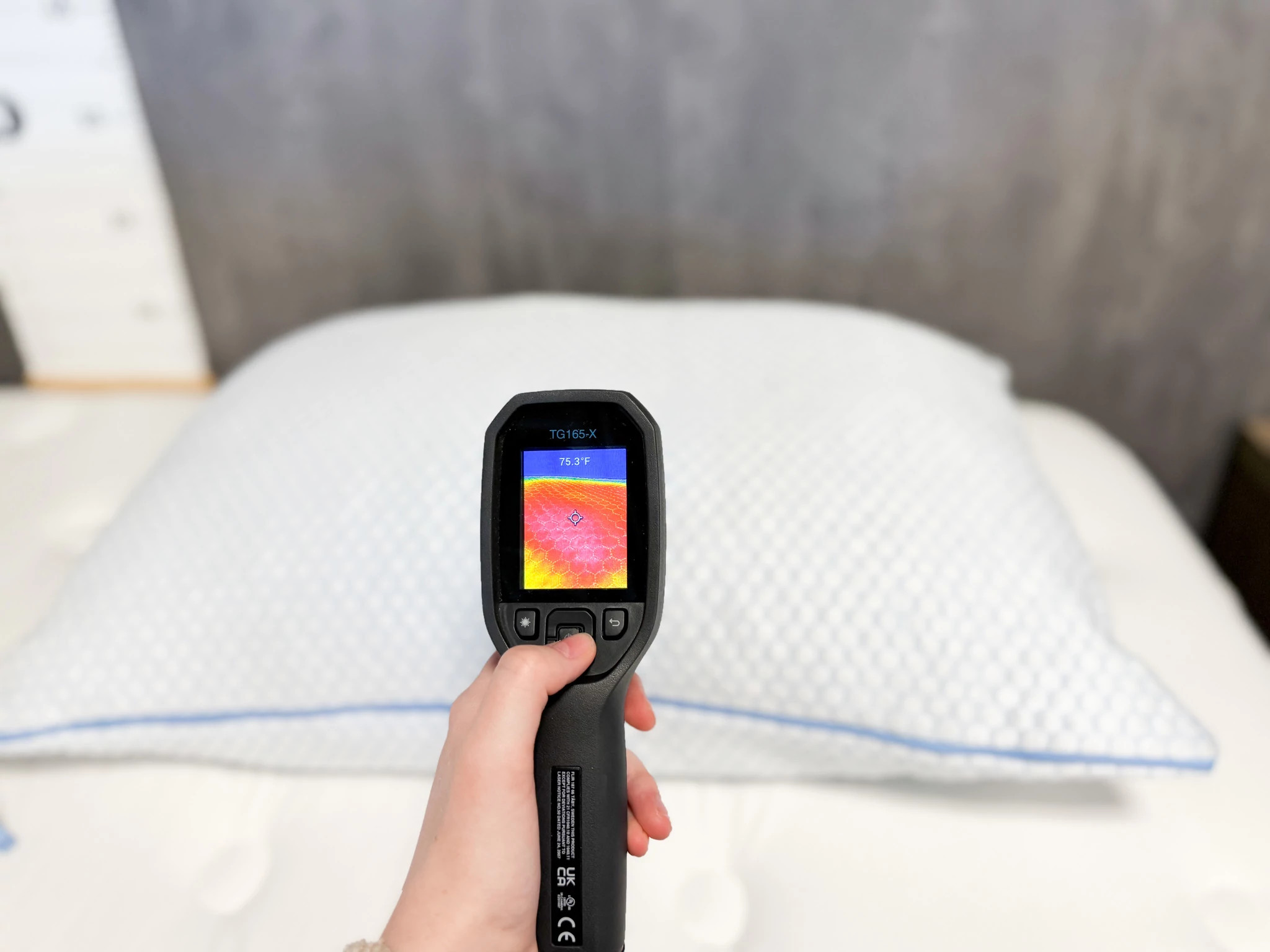 A thermal reader testing the Nectar Tri-Comfort Adjustable Memory Foam Pillow