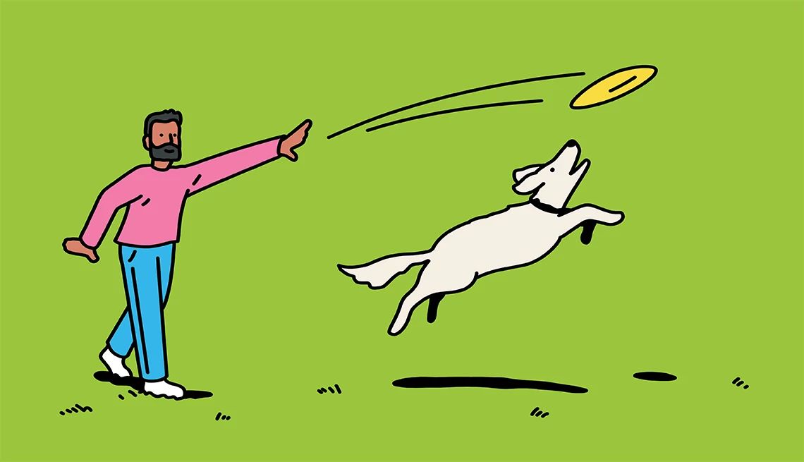 Great Ways to Bond With Your Dog An illustration shows an older adult male tossing a frisbee to his dog