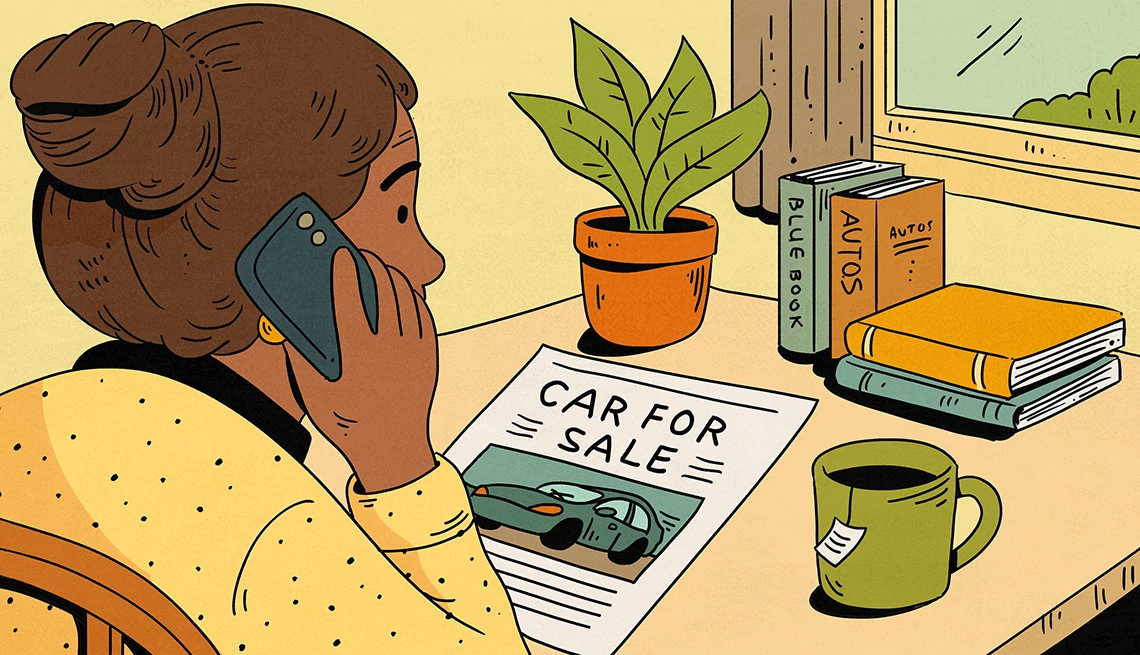 An illustration shows a woman on the phone with a cup of tea, sitting a desk trying to buy a car