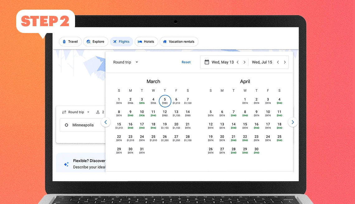 a laptop with a calendar for searching for flights on the screen