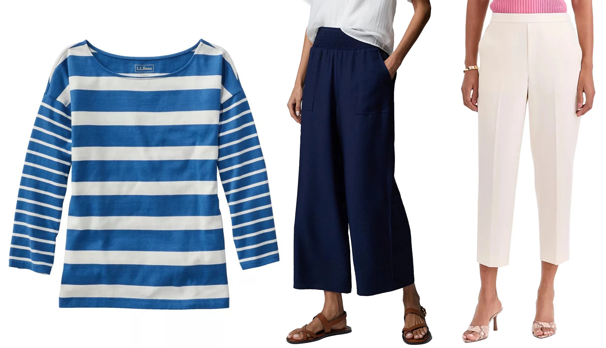 a collage with a blue and white striped boat neck top and models wearing two different styles of cropped trousers