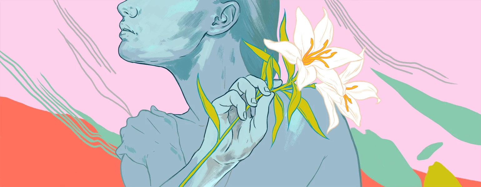 An illustration of a woman holding a white flower, symbolizing her virginity.