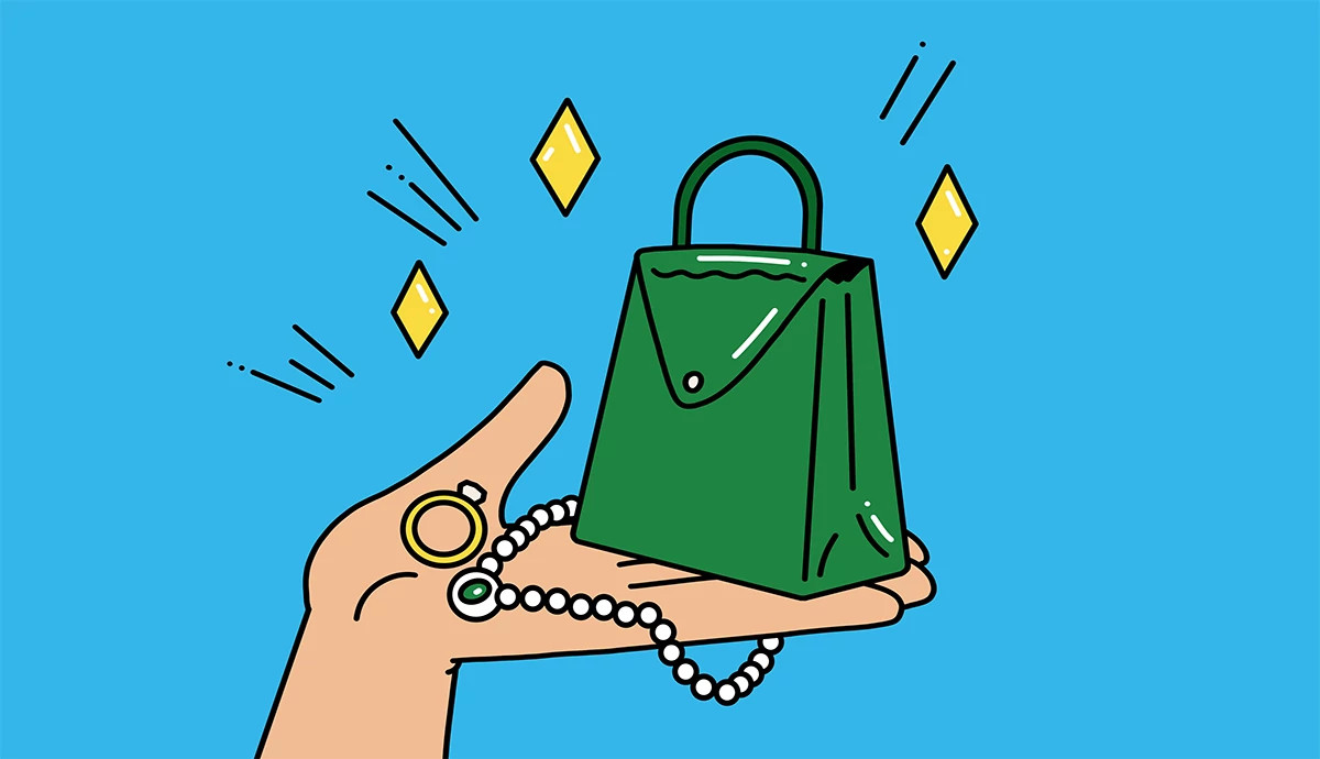 an illustration shows a hand holding a small green handbag and sparkling jewelry
