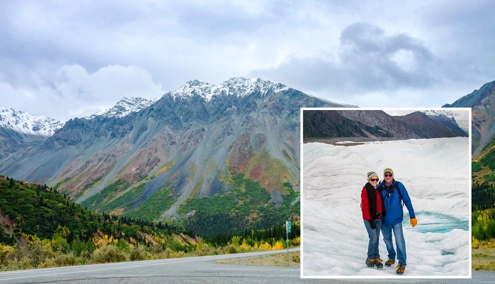 Favorite Fall Road Trips an image of a man and woman with an alaska mountain in the background
