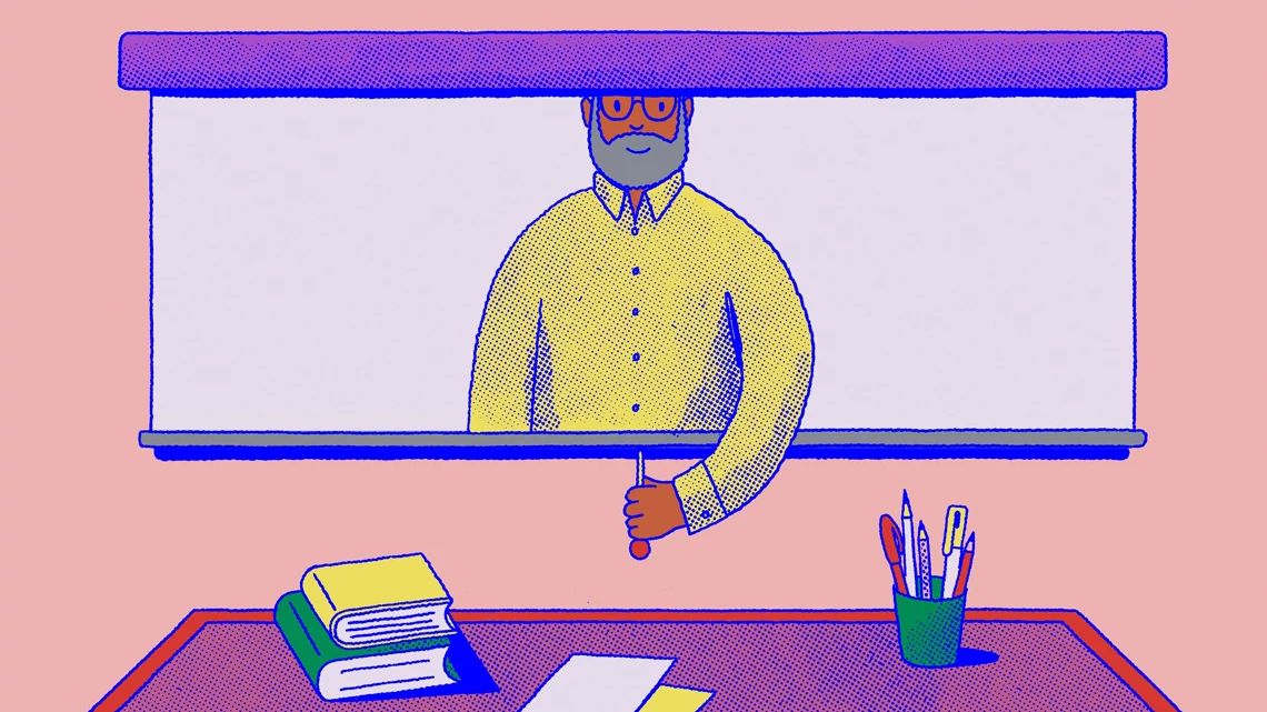 Ilustración de un hombre dibujado en una persiana que él mismo baja, detrás de un escritorio.