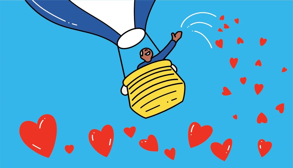 Illustration of person in hot air balloon in sky, throwing out hearts