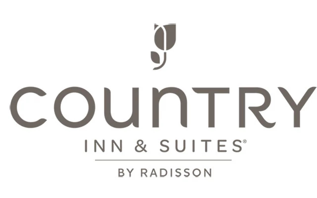 Country Inn & Suites by Radisson Logo with gray letters and rose symbol on top of the hotel name