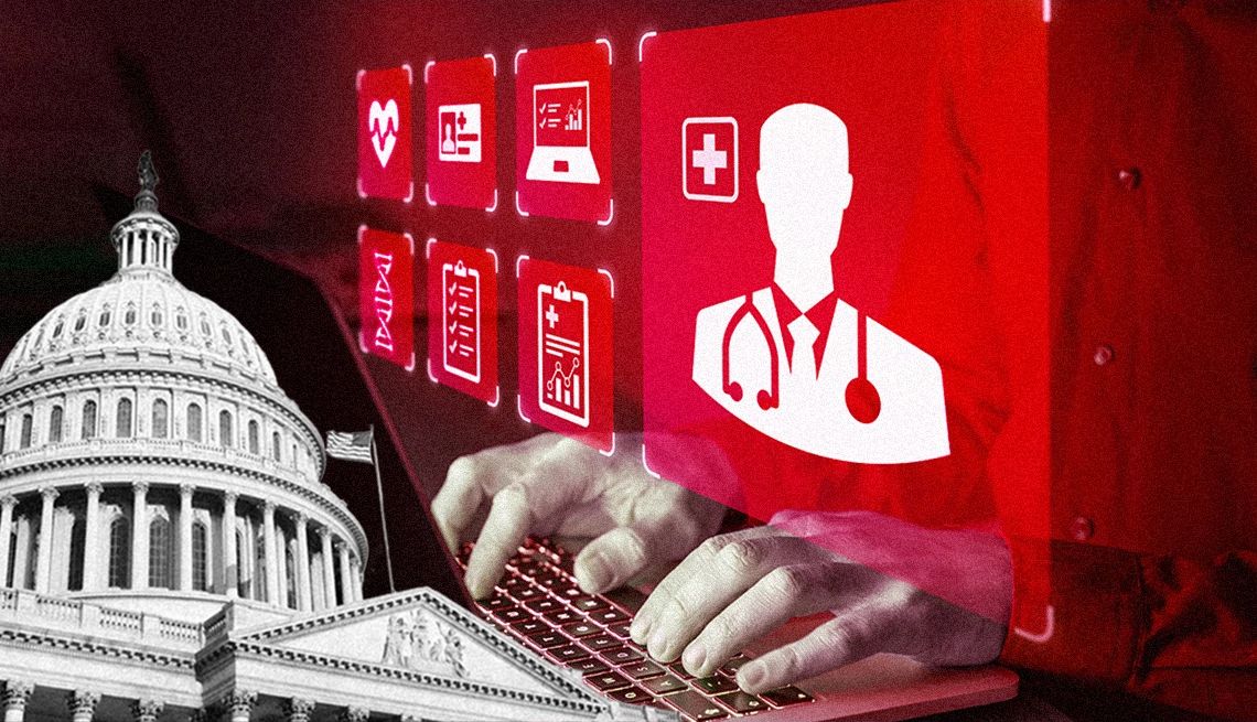 ilustración de manos escribiendo en un teclado con íconos de atención médica y el Capitolio de Estados Unidos