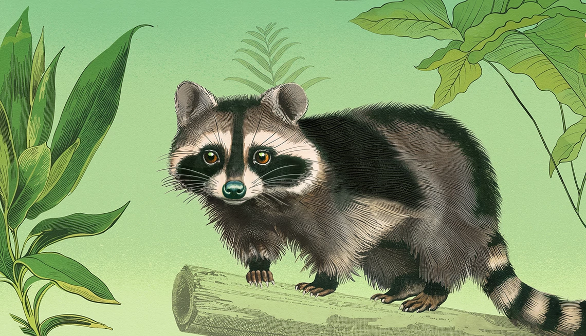 eliminate easy food sources like trash cans and BBQs can help prevent raccoons an illustration of a raccoon on a branch