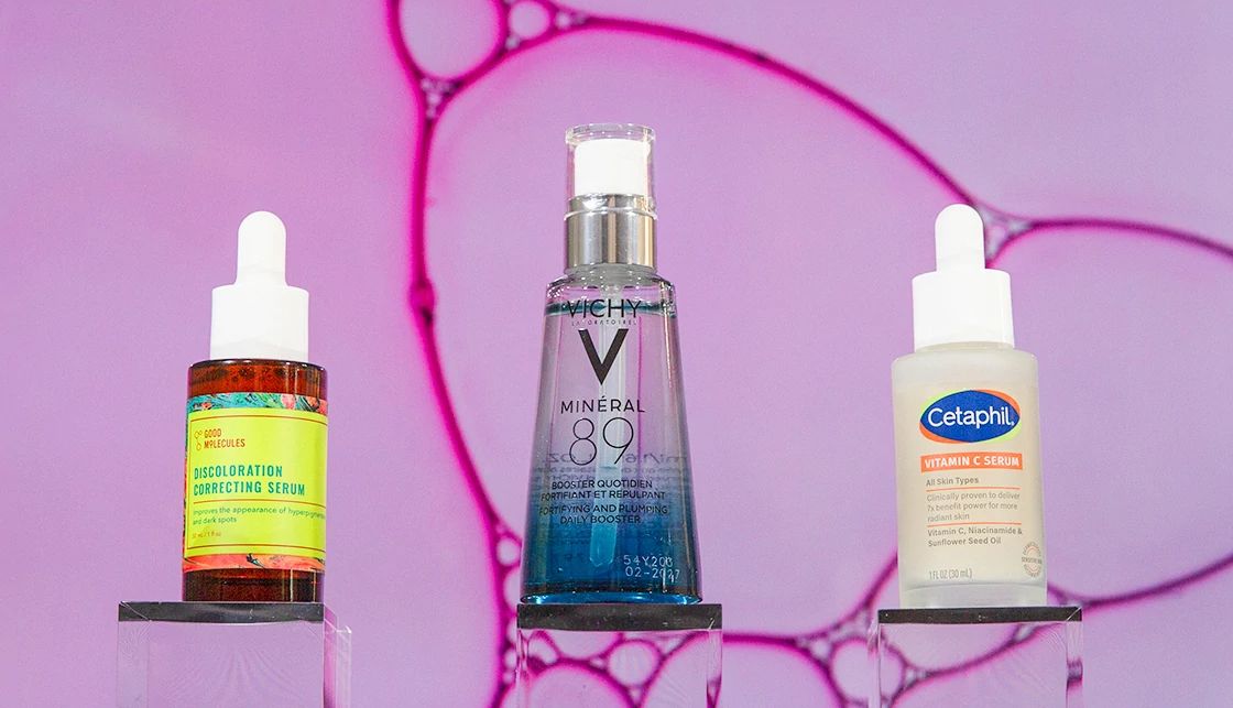 Best Drugstore Beauty Buys a collage with facial serums