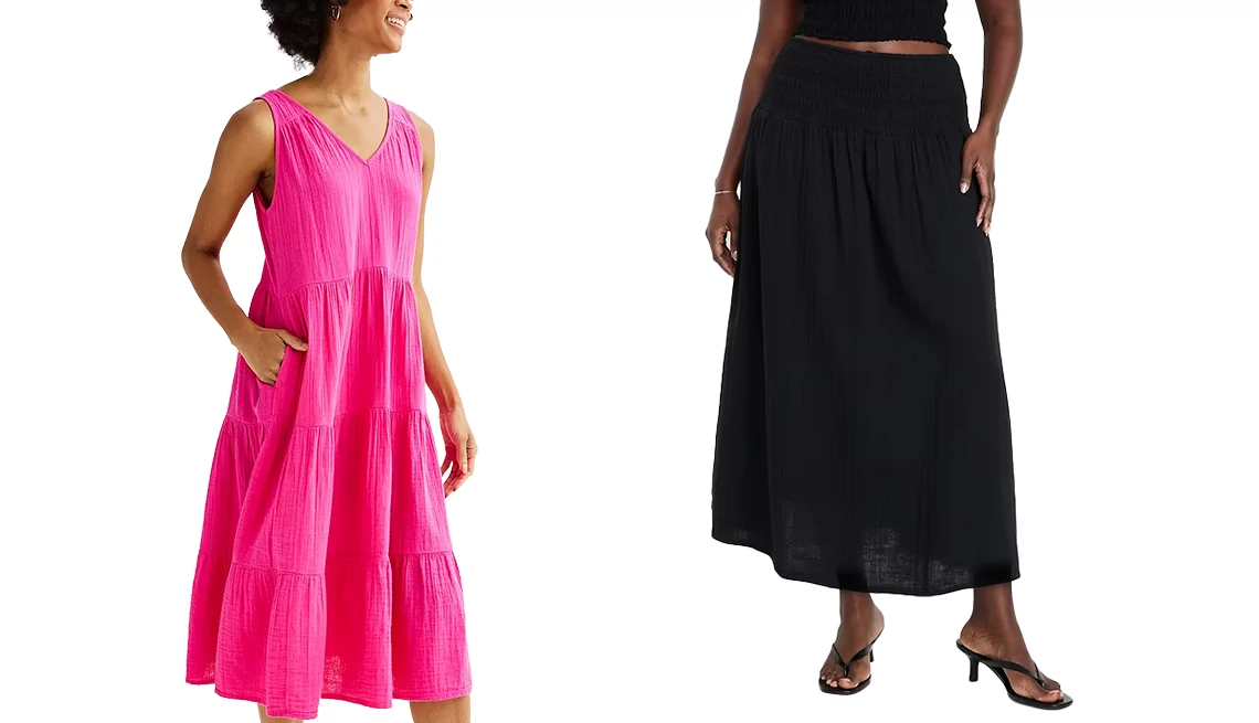 Sonoma Goods for Life Women’s Tiered V-Neck Midi Dress in Pink Theme; Old Navy Crinkle Gauze Maxi Skirt in Black Jack